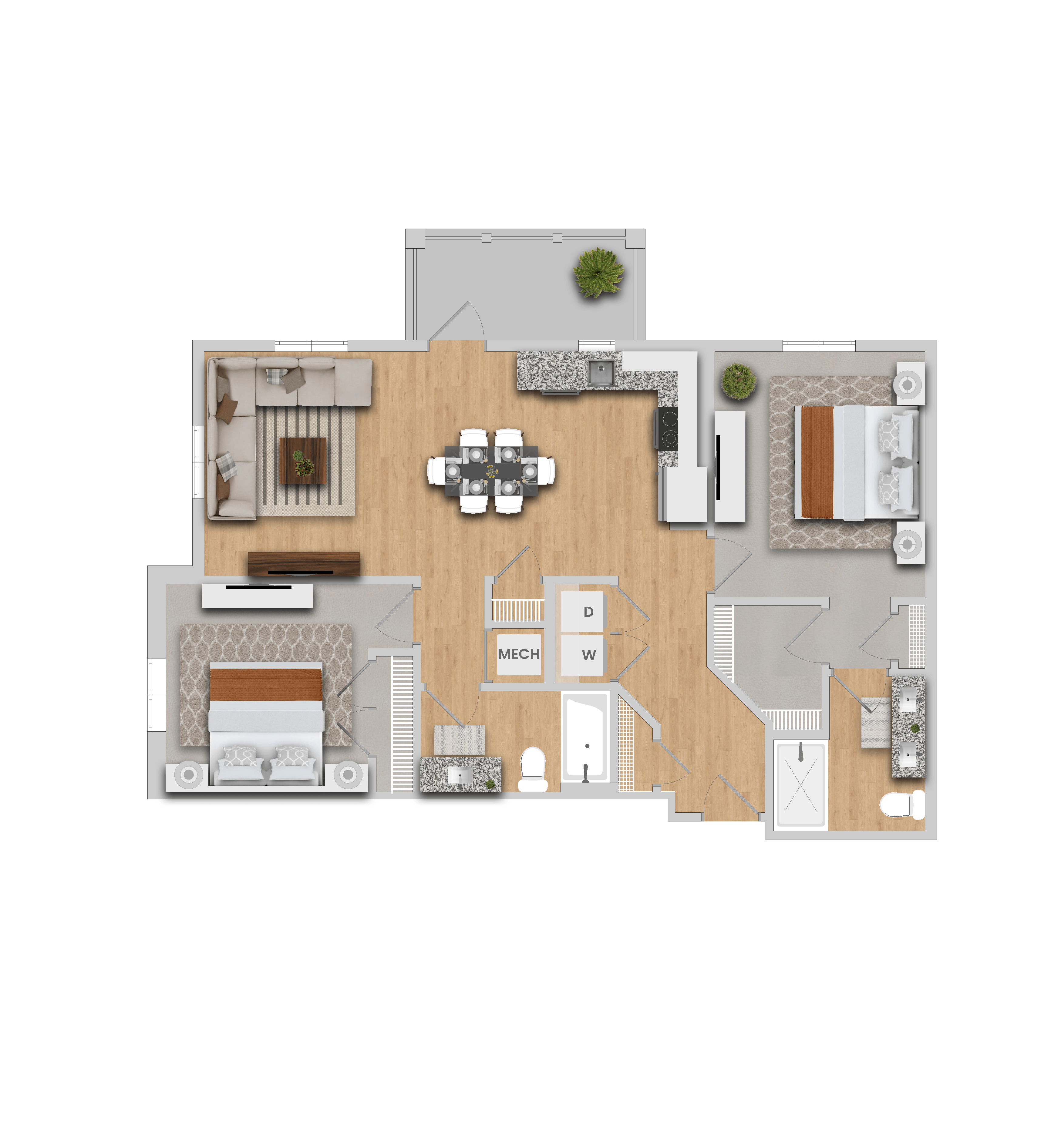 Floor plan for 2 beds, 2 baths, 1059 sqft